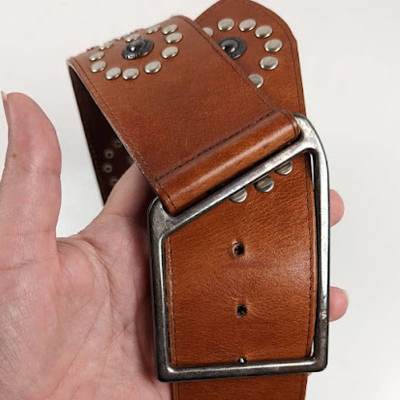 Vintage Avignon Made in USA Wide Leather Hip Belt Studded Brown Size Small main image 9